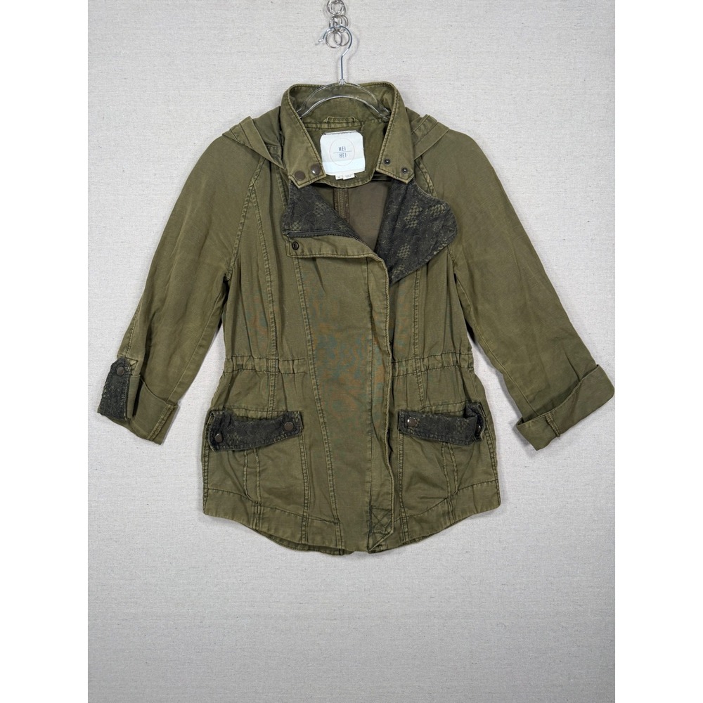Hei Hei Anthropologie Olive Green Utility Jacket Lace Trim Hooded XS